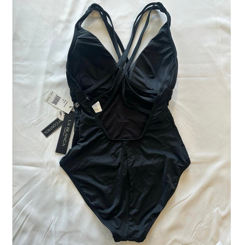 LA BLANCA NEW Black Island Goddess Multi-Strap Criss Cross Back Swimsuit size 10 - Picture 4 of 7